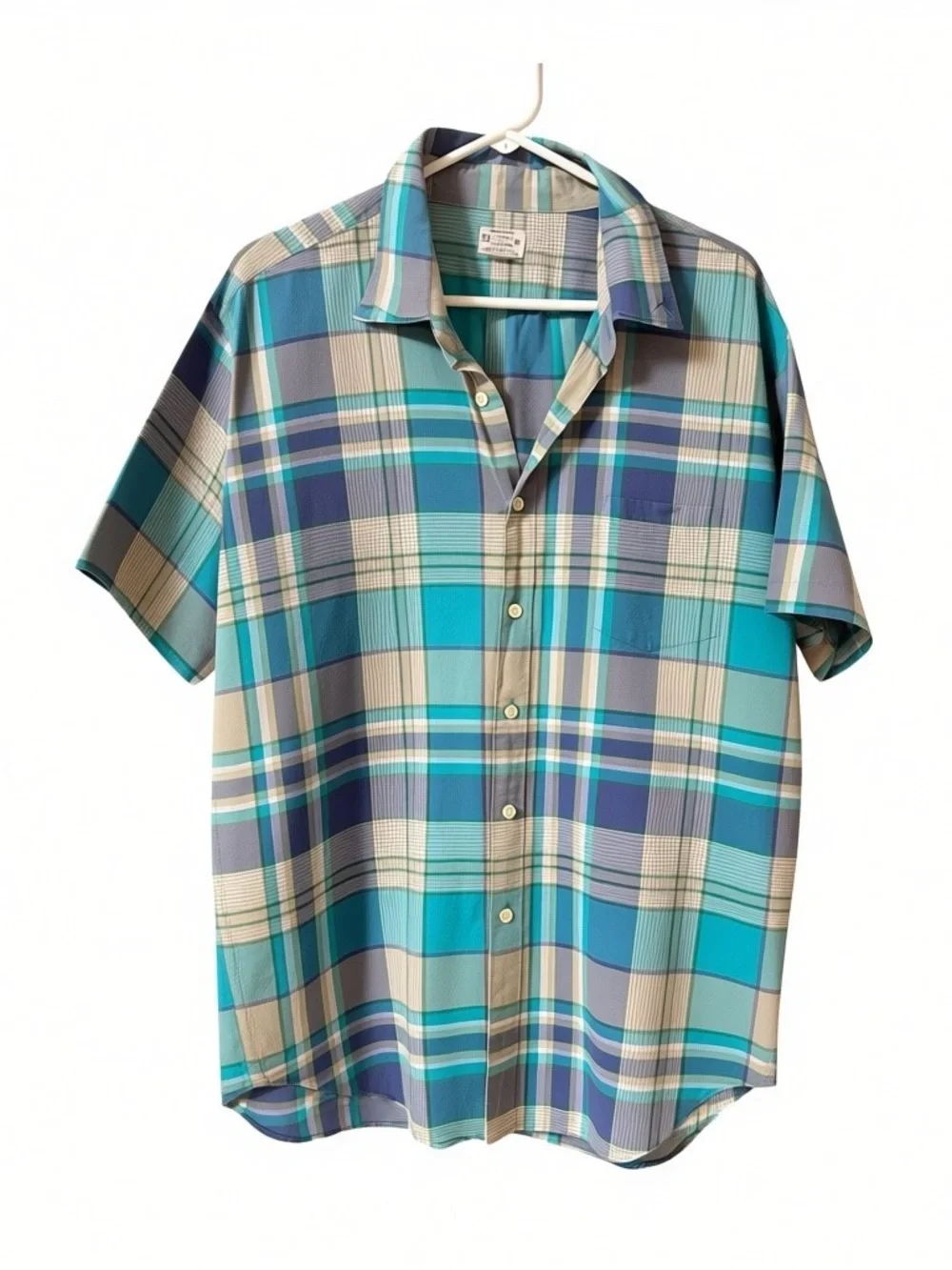 J. Crew Turquoise and Navy Plaid Short-Sleeve Button-Down Shirt